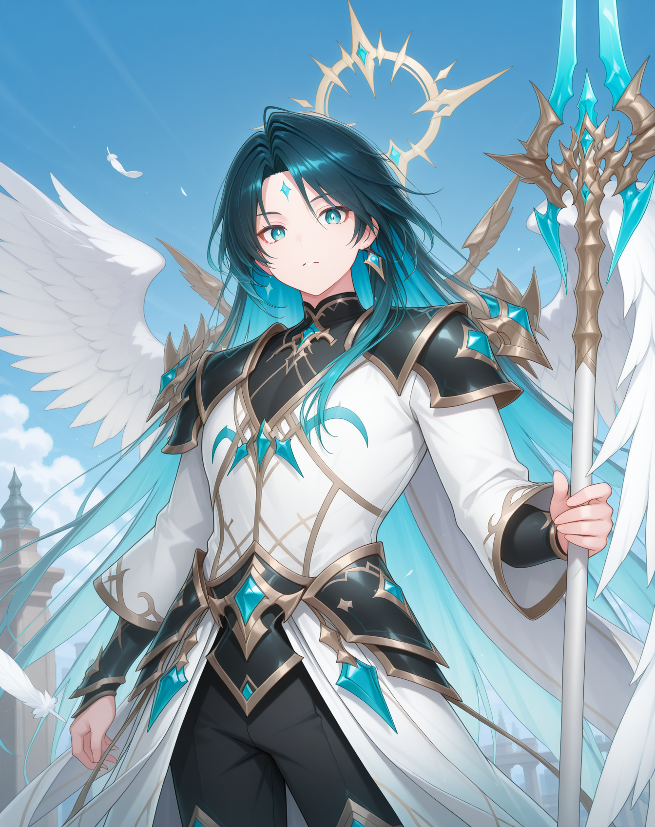 masterpiece, amazing quality, best quality, absurdres, very aesthetic,
1boy, solo, yaoi, male focus, cowboy shot, upper body, looking at viewer, face focus,
<lora:Nepteon_FSI_ilxl:1> nepteonfsi, colored inner hair, aqua eyes, dark blue hair, parted bangs, sidelocks, 
black pants, multiple wings, arm guards, white coat, halo, shoulder armor, black shirt,gold trim, gradient clothes, turtleneck, open coat,long sleeves, feathered wings, white cape, white robe, faulds, angel wings, feathers, waist cape, white wings, armored boots, jewelry, earrings, tassel, sleeve cuffs, single earring,
holding polearm, holding weapon,holding staff, spear,
outdoors, day, blue sky,