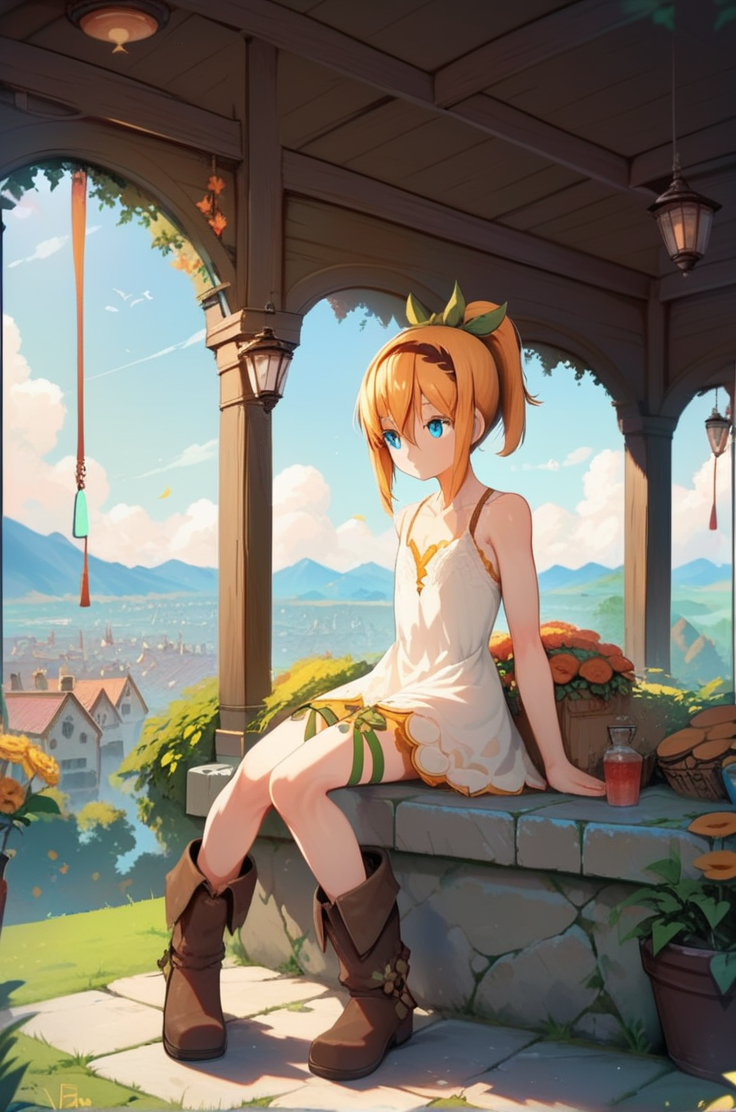 score_9, score_8_up, score_7_up, very aesthetic, source_anime, detailed, high quality, beautiful, masterpiece,
<lora:lightXL:0.8> neolight,scenery, outdoors, village, tree, mountain view, daylight,
cowboy shot, upper body,  close up, dynamic angle,
flat chest,  looking away, on top of the building, sitting, 
<lora:edna_v03:1>
ednadef, short hair, blonde hair, orange hair, high ponytail, blue eyes, hair between eyes, white dress, sleeveless dress, boots, leg ribbon, brown hairband,  green hair ribbon,, zPDXL