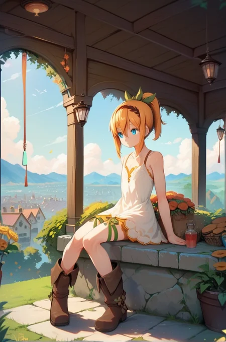 score_9, score_8_up, score_7_up, very aesthetic, source_anime, detailed, high quality, beautiful, masterpiece,
<lora:lightXL:0.8> neolight,scenery, outdoors, village, tree, mountain view, daylight,
cowboy shot, upper body, close up, dynamic angle,
flat chest, looking away, on top of the building, sitting,
<lora:edna_v03:1>
ednadef, short hair, blonde hair, orange hair, high ponytail, blue eyes, hair between eyes, white dress, sleeveless dress, boots, leg ribbon, brown hairband, green hair ribbon,, zPDXL