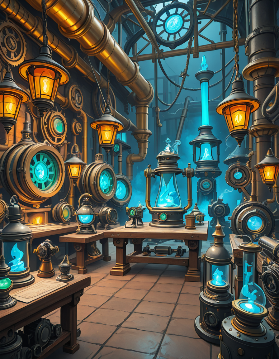 A highly detailed and immersive gnome workshop inspired by World of Warcraft, filled with intricate mechanical devices, glowing gadgets, and arcane-infused machinery. The workshop is cluttered with blueprints, gears, and steam-powered contraptions, creating a vibrant steampunk-fantasy aesthetic. The lighting comes from flickering arcane lamps, neon-colored tubes, and softly glowing mana crystals, casting a warm yet mysterious ambiance. In the background, large brass pipes, rotating cogs, and suspended platforms form a complex, multi-layered workspace. A large workbench at the center is covered with half-finished inventions, from tiny clockwork creatures to experimental energy weapons. The walls are adorned with schematics, tool racks, and magical energy conduits. The atmosphere feels lively, as if gnome engineers have just stepped away from their latest tinkering project, leaving sparks flying and steam hissing from unfinished experiments. The color palette is a mix of vibrant blues, greens, and metallic hues, enhancing the high-tech yet whimsical charm of gnomish engineering.<lora:SDXLFaeTastic2400:0.4> <lora:extremely_detailed:0.4> extremely detailed,gnome w0rksh0p <lora:gnome_w0rksh0p-i:1>, Masterpiece,best quality,hi res,8k,hi res,8k,award winning,(sharp focus, intricate, highly detailed),