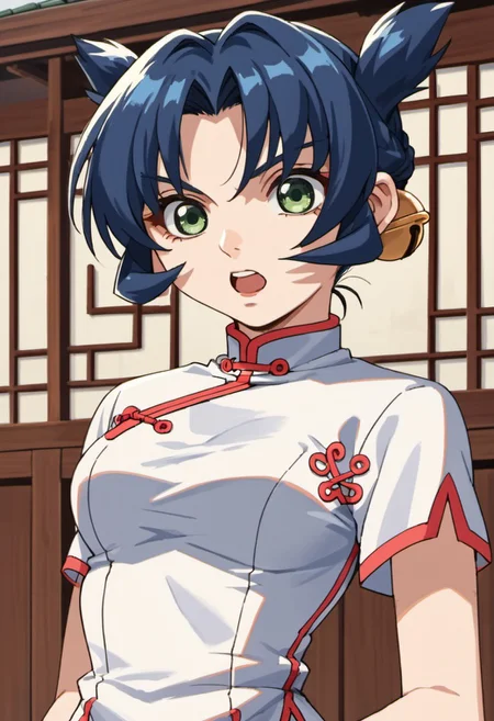 score_9, score_8_up, score_7_up, source_anime, renka ma, blue hair, green eyes, short hair, 1girl, solo,open mouth, chinese clothes, bell, hair bell, china dress