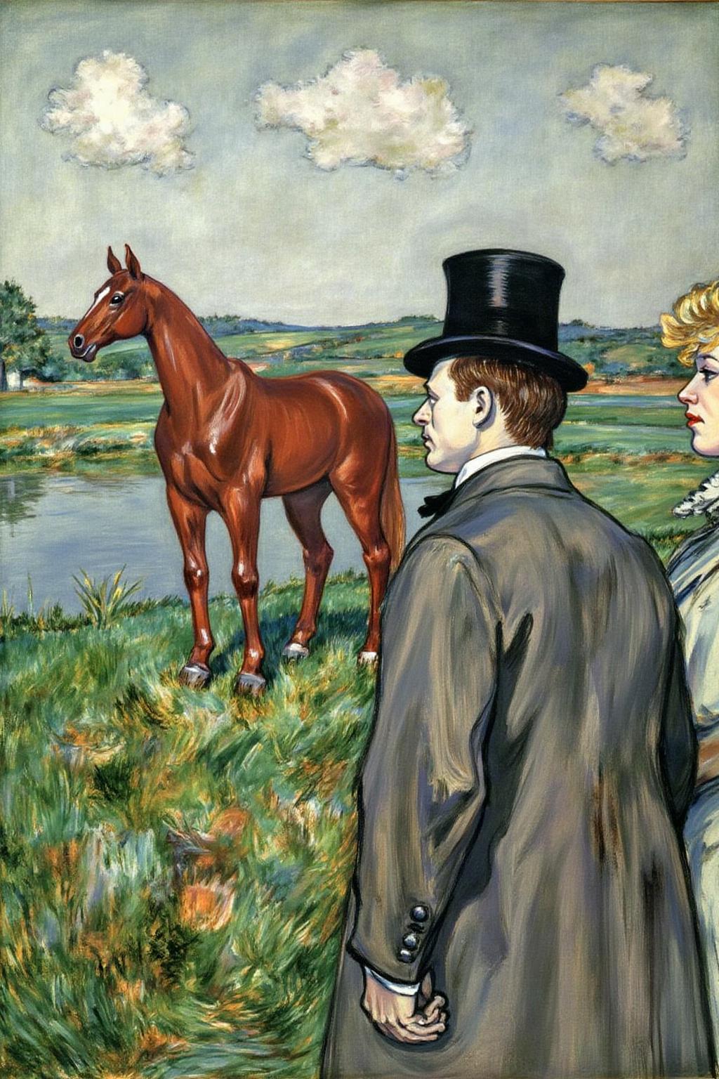 lautrec1 painting
of a man and a woman facing each other. The man is wearing a black top hat and a gray jacket. He is facing the left side of the painting. The woman is facing to the right of the man. She is facing away from the man on the left. The horse is standing on a grassy field that is in front of a body of water. It is a sunny day with a few clouds in the sky.
 <lora:lautrec4_nocap_d6a3:1.0><lora:813631084349732747:0>