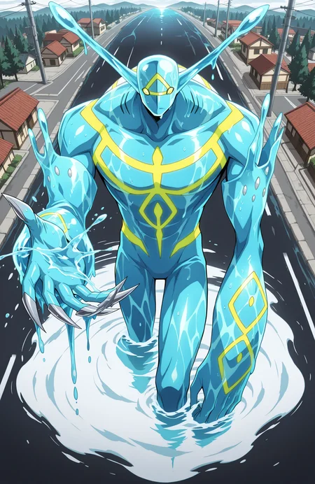 sk21_spof, humanoid, (water body), 
leaning forward, arm at side, raised hand,
claws,
giant, kaiju,
wet, water magic, hydrokinesis, melting,
<lora:[Char - IL] Shaman King - Spirit of Fire (R1E14):1> 
BREAK
from above,
flood, street,
utility pole, small houses, trees,
best quality, masterpiece, highres,