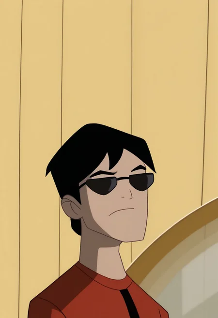 SpecStyle,Richard_grayson,1boy,solo,black hair,short hair,sunglasses,upper body,red shirt