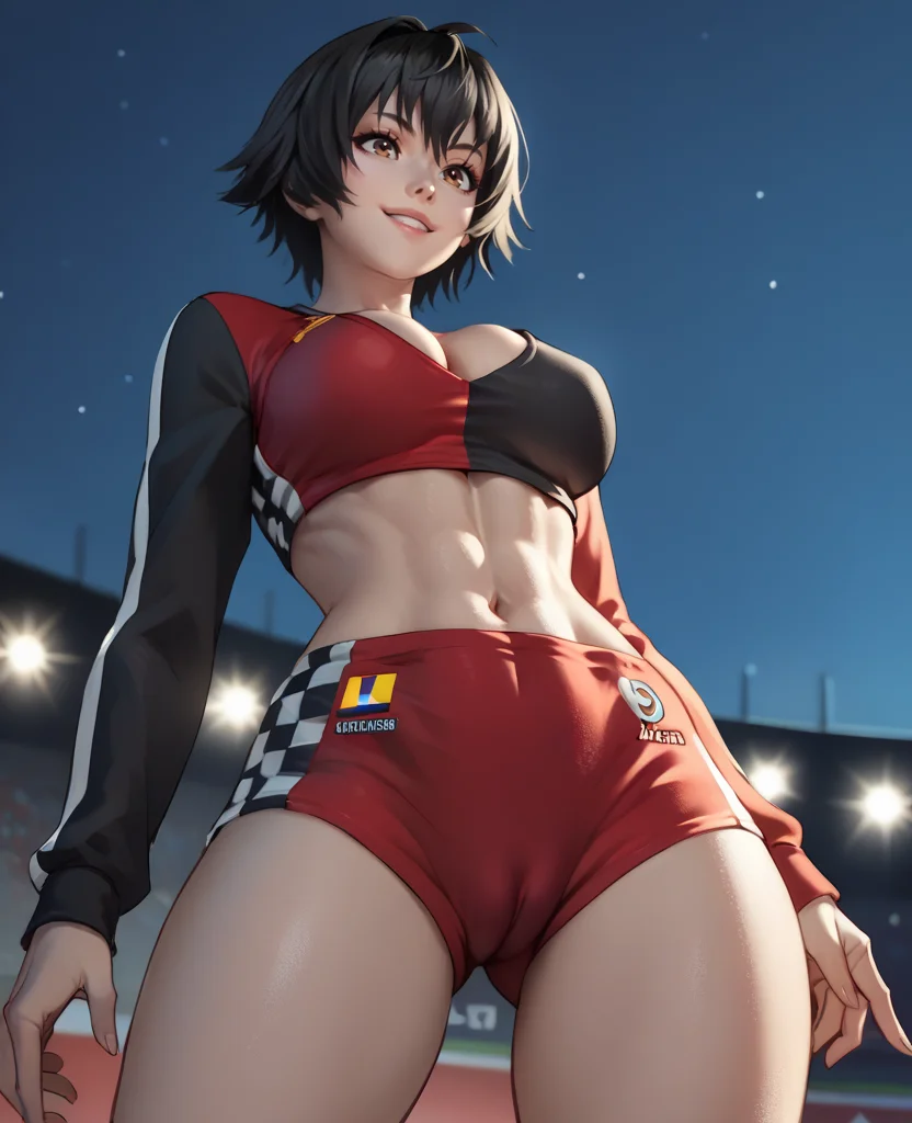 score_9,score_8_up,score_7_up,score_6_up,
paixl,brown eyes,black hair,short hair,
multicolored crop top,toned,navel,black and red shorts,cleavage,cameltoe,long sleeves,
standing,smile,
race track,night,from below,
arena,
<lora:PaiXL:0.9>,