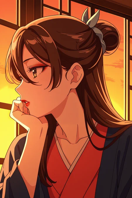 <lora:ApothecaryDiaries:1>, ApothecaryDiaries, 1girl, solo, long hair, lipstick, makeup, brown hair, brown eyes, red lips, collarbone, parted lips, japanese clothes, profile, hand on own face, hair between eyes, head rest, single hair bun, kimono, hair bun, indoors, upper body, sunset, window,