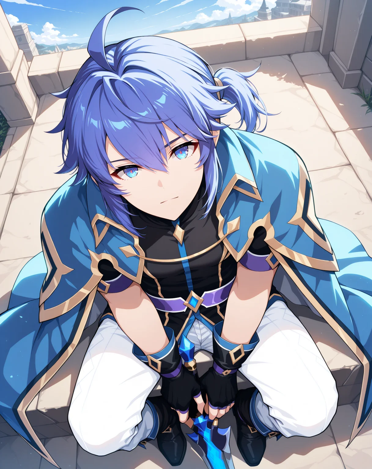 masterpiece, best quality, absurdres, very aesthetic,
1boy, solo, yaoi, male focus,
full body, from above, sitting, close-up, looking at viewer,
<lora:Ronan_Evolution_ilxl:1> ronanevolution, ponytail, blue hair, ahoge, hair between eyes, blue eyes,
black gloves, white pants, fingerless gloves, blue cape, boots, black footwear, purple belt, black shirt, short sleeves, jacket,
holding sword, holding weapon,
outdoors, day, blue sky,