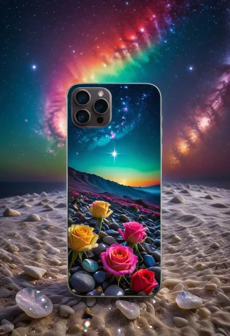 a starlit sky, a magical smartphone captures the essence of a vibrant rainbow, colorful roses, and sparkling crystal pebbles. This celestial device, bathed in the light of stars, shooting stars, a silver crescent moon, and the Milky Way, creates a dreamlike ambiance. It weaves a rich tapestry of colors, transitioning from vivid reds to deep purples, and spanning hues of pink, yellow, blue, and green.
