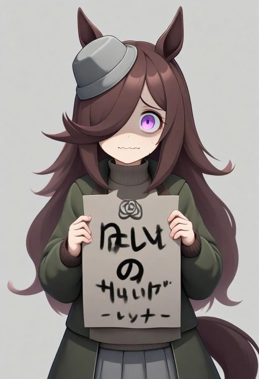 (umamusume,rice_shower_(umamusume),) 1girl, , long skirt ,(need_buzz, buzz, need_buzz, holding sign, ),
, Iron World Morph,,
,silver rose,
animal_ears, , brown_hair, hair_over_one_eye, silver hat, horse_ears, horse_girl, horse_tail, jacket, long_hair, looking_at_viewer, purple_eyes,
( skindentation, skirt, smile, solo, tail,
linea_alba, looking at viewer, tilted_headwear, shaded face, fake smile, nervous sweat, wavy mouth, , very awa, long_sleeves,, solo, general, :0.8)