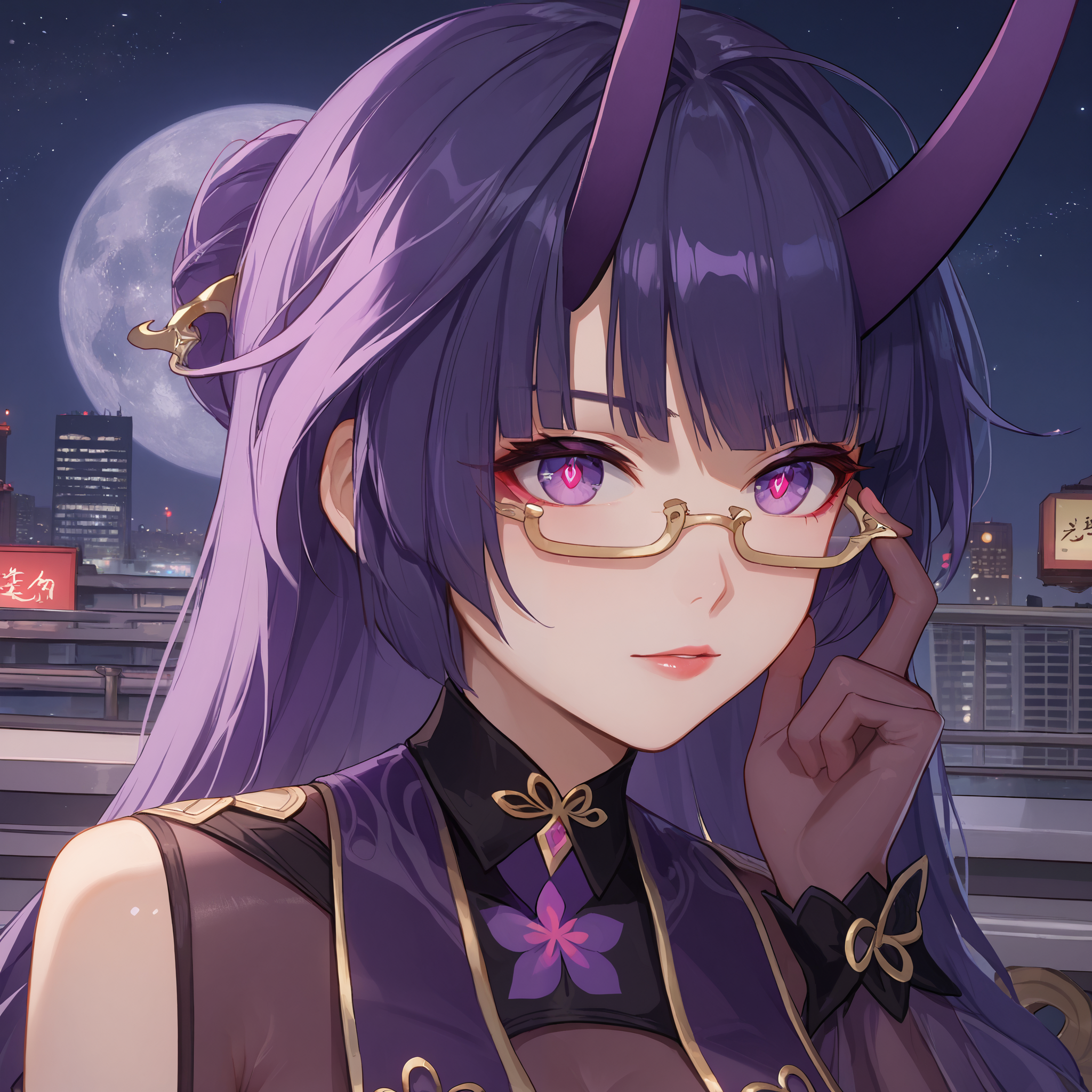 score_9, score_8_up, score_7_up, score_6_up, BREAK source_anime, looking at viewer, night, city, 1girl, solo, close up, adjusting eyewear, masterpiece, best quality, high detailed skin,   raiden mei, raiden mei \(aqueous_springtide\), long hair, purple hair, hair ornament, purple horns, purple eyes, semi-rimless eyewear, symbol-shaped pupils, chinese clothes, elbow gloves, bodystocking, high heels,