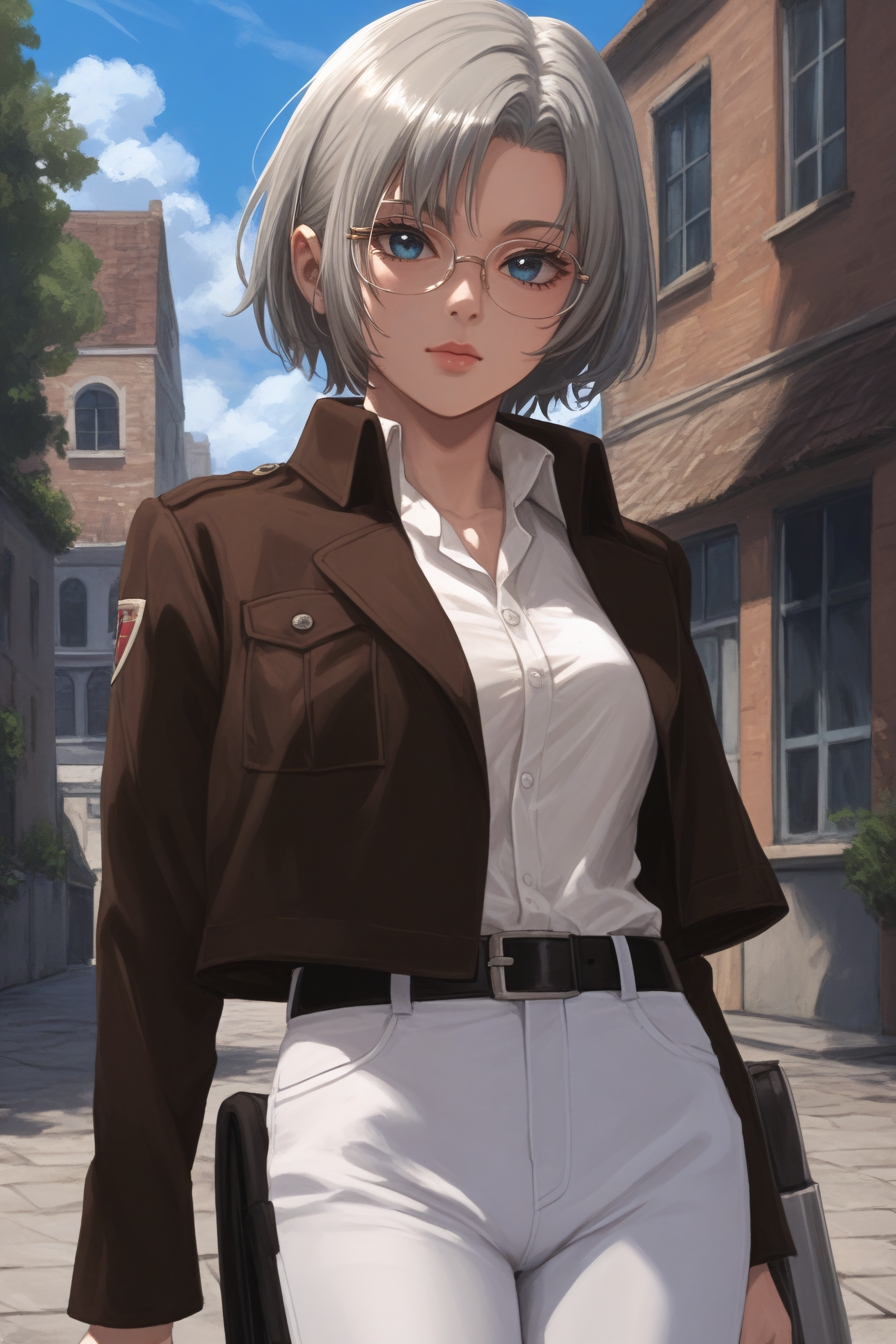 score_9, score_8_up, score_7_up, BREAK source_anime, <lora:Rico Brzenska-PonyXL-lora-Faxtron:1> rico brzenska, blue eyes, grey hair, short hair, medium breasts, glasses, white shirt, open cropped brown jacket, long sleeves, white pants, emblem, belt, standing,