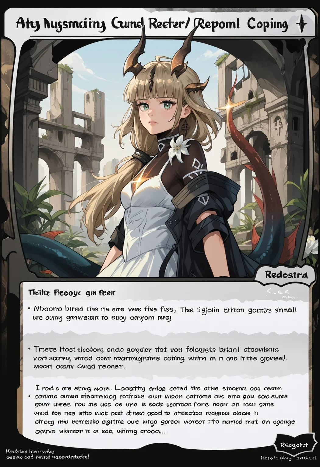 c4rd,english text,character name,
ruins,from side, confusion, looking at viewer,
ReedTFS, long hair, ponytail, hair flower, hair over shoulder, horns, hair ornament, dragon tail, ReedBase, long hair, ponytail, hair flower, hair over shoulder, horns, hair ornament, dragon tail, white dress, black jacket, bodystocking, black gloves, single glove, black pantyhose, thigh strap, 
,score_9,score_8_up,score_7_up, source_anime,
 <lora:MTG_card_v2:1>   <lora:ChamReedTFSPonyXL:1>