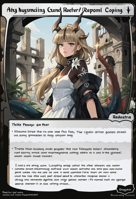 c4rd,english text,character name,
ruins,from side, confusion, looking at viewer,
ReedTFS, long hair, ponytail, hair flower, hair over shoulder, horns, hair ornament, dragon tail, ReedBase, long hair, ponytail, hair flower, hair over shoulder, horns, hair ornament, dragon tail, white dress, black jacket, bodystocking, black gloves, single glove, black pantyhose, thigh strap,
,score_9,score_8_up,score_7_up, source_anime,
<lora:MTG_card_v2:1> <lora:ChamReedTFSPonyXL:1>