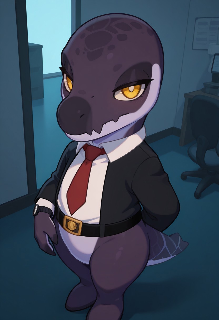 highres, absurdres, newest, masterpiece, best quality, furry, small tail, claws, Malik, male, Kronosaurus, reptile, violet skin, yellow eyes, flippers, watch, white shirt, blazer, red tie, belt,, detailed eyes, professional lighting,  solo,  seductive, looking_at_viewer,  masterpiece, bank office