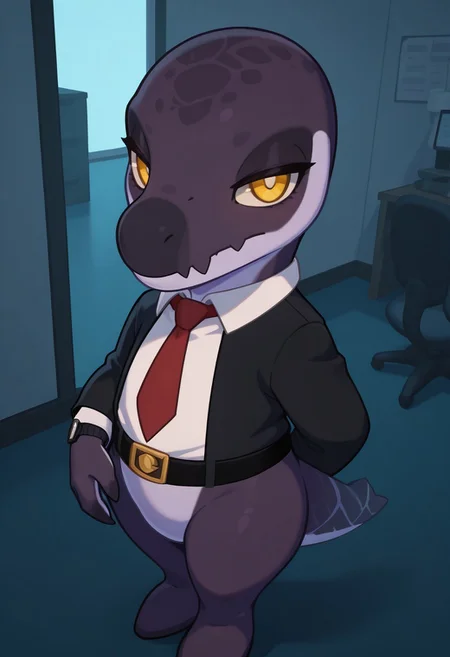 highres, absurdres, newest, masterpiece, best quality, furry, small tail, claws, Malik, male, Kronosaurus, reptile, violet skin, yellow eyes, flippers, watch, white shirt, blazer, red tie, belt,, detailed eyes, professional lighting, solo, seductive, looking_at_viewer, masterpiece, bank office