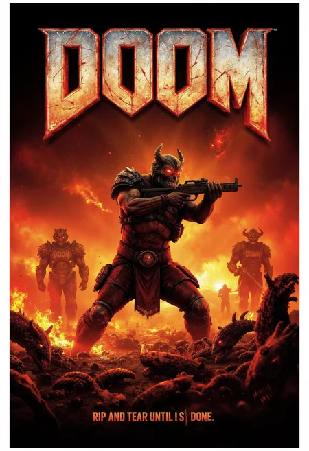 allposter, Create an adrenaline-pumping poster for DOOM, capturing the dark, brutal energy of the game. Feature the Doom Slayer at the center, posed in fierce combat, surrounded by monstrous demons in a fiery, hellish landscape. Use sharp, high-contrast lighting to emphasize his armor, weapons, and the blood-red glow of the infernal setting. Place 'DOOM' at the top in bold, metallic typography with a rugged, worn texture, giving it an ominous, battle-worn look. Add a tagline beneath, like 'Rip and Tear Until It Is Done,' in a smaller, jagged font that reflects the relentless spirit of the game. Use a color scheme of reds, blacks, and deep oranges to capture the intense, apocalyptic atmosphere, making the poster feel as explosive and terrifying as the game itself<lora:Flux.1_Turbo_Detailer.safetensors:0.75:0.75> <lora:FLUX_All_Posters.safetensors:0.7000000000000001:0.7000000000000001>
