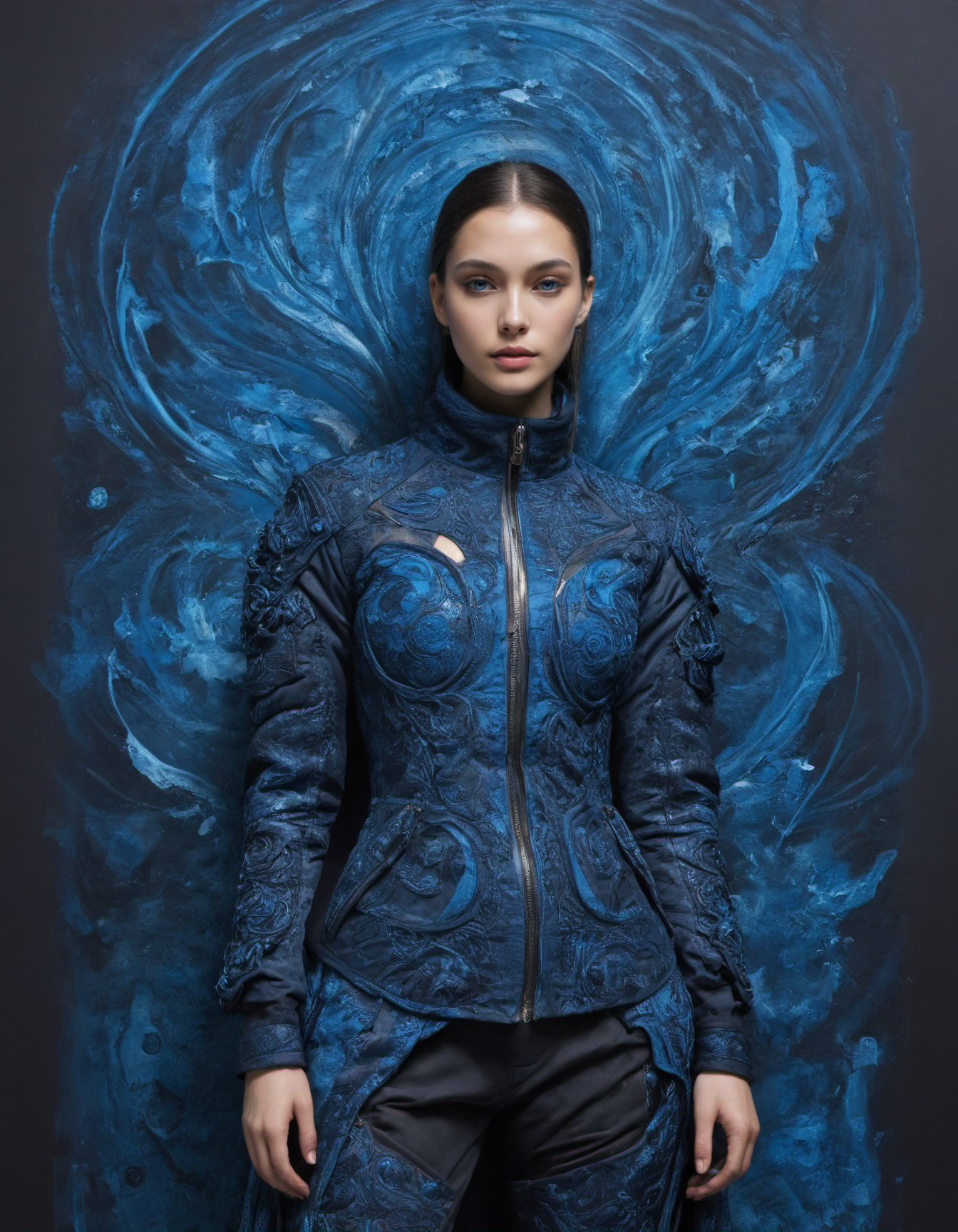 by Marc Samson,  (blue, techwear fashion but extremely beautiful:1.4), (intricate details, masterpiece, best quality:1.4) , in the style of nicola samori,
DMT Art Style, bright colors, surreal visuals, swirling patterns, DMT art style,, looking at viewer
<lora:epi_noiseoffset2:0.5> <lora:add-detail-xl:1> <lora:xl_more_art-full_v1:0.5>  <lora:NicolaSamori:0.7>