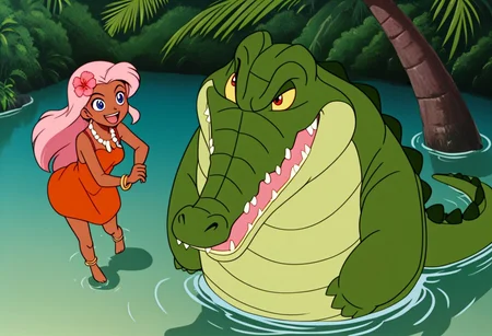 Tick tock crocodile,male animal focus,tail, crocodile open large mouth ,green skin, blue eyes, Tick Tock the crocodile is giant and very huge size,teeth, swimming in water,partially submerged,Tick Tock the crocodile looking at a young girl who she is standing on a tree branch hanging high up. Little_Girl_anime_manga,long hair,pink hair, dark-skinned female,the girl her very smal size, purple eyes, ancient tropical_clothe, chest_band,red very long_dress, jewelry, dark skin, smile, necklace,hair flower, bracelet, anklet, barefoot,open mouth,river,palm trees, jungle,view from above, Disney, waterfall,anime, manga