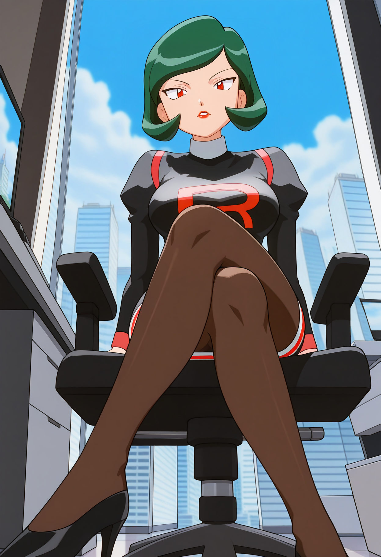 masterpiece, best quality, good quality, <lora:PMWendyIL:0.9>, PMWendy, 1girl, solo, green hair, short hair, red eyes, lipstick, breasts,
team rocket uniform, black short dress, long sleeves, brown pantyhose,
black high heels,
looking at viewer, sitting, crossed legs, monitor, from below, 
BREAK indoors, day, office, swivel chair, window, blue sky, cityscape,