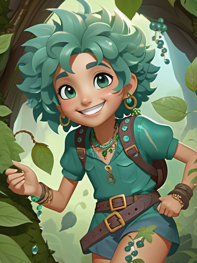 sico style, mysterious, happy, 8k, a close shot of cute herborist girl foraging medicinal berries, portrait, light teal sparkling eyes, messy green hair, intricate vine tunic , legs, old intricate leather belt, skin texture, skin grain, jewelry,old magical forest
 <lora:memoji_1024-000005:0.5>