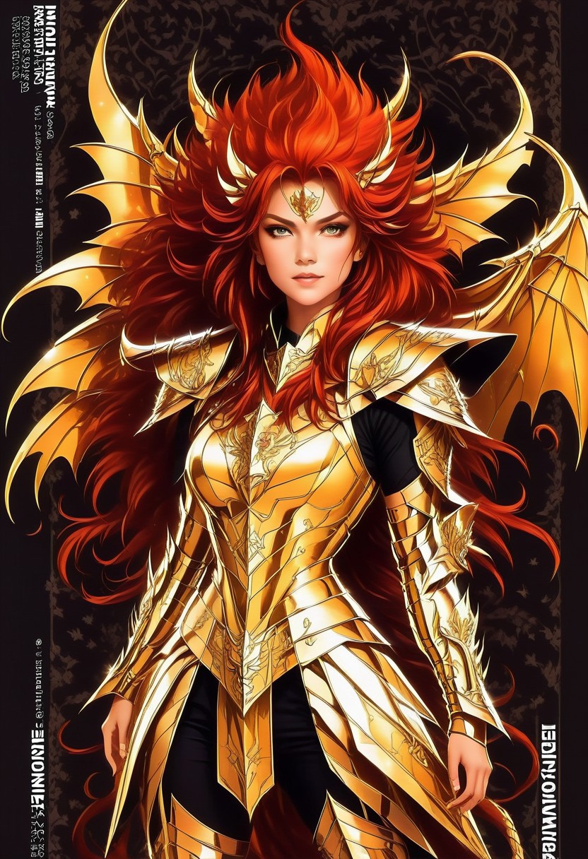 score_9, score_8_up, score_7_up, source_anime, masterpiece, best quality,human,  human head, human face, 1girl, solo, Manticore-themed armor concept, "Manticore Aegis," mythical design, hybrid materials, helmet,spiked crest, lion-like mane accents, scorpion tail backpiece, reinforced chest plate, wing shape shoulderguards, flexible arm bracers, clawed gauntlets, segmented leggings, armored boots with spikes, decorative scales,  intimidating silhouette, fiery color palette, deep reds and golds, ancient motifs, durable, intimidating, Manticore background, demoniac Manticore symbol in background, low-key, dynamic pose,, full body shot, full body, easynegative, ng_deepnegative_v1_75t, negative_hand, verybadimagenegative_v1.3, dark, chiaroscuro, low-key
