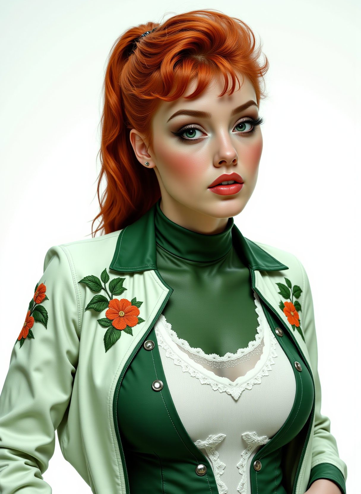 profile Headshots, She is approximately 18 years old,  photoshoot poses, dynamic angles, multiple angles, photoshoot poses; a photo of P0ison_ivy50sis, a painting of a woman with red hair, she has dark green skin, makeup, and a green and white jacket with a white frilly shirt, with leaves embroidered on it.  She is standing against a simple white background, with a determined expression on her face. The painting is in a fantasy style, with a focus on the woman's costume and her interaction with the environment. Busty breasts, Style: realistic hyper-detailed rendering, 32k UHD, expressive eyes, punk, graphic design, girl's face, pretty and cute, gleaming lips, telling a tale of adventure. Exuding confidence and serenity. The overall mood of the image is happy and relaxed,detailed skin texture,(blush:0.2),(goosebumps:0.3),subsurface scattering,with a playful and whimsical tone,Detailed hand, perfect hands, Niji style, retro50s_style, 