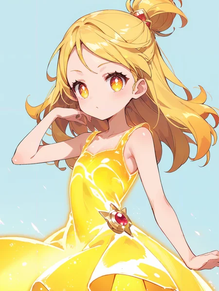 score_9, score_8_up, score_7_up,source_anime, high res image,masterpiece,best quality,(girl:1.0),cute face,clear skin,shiny hair,ultra detailed eyes,simple background, <lora:glow dress_pony_V1.0:0.6> glow dress, henshin,yellow dress