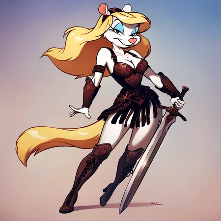 score_9, score_8_up, score_7_up, score_6_up, score_5_up, score_4_up, (Source furry), (rating safe), <lora:MinervaMinkXL:1>, minerva mink, 1girl, solo, long hair, breasts, smile, cleavage, medium breasts, weapon, flower, hairband, blonde hair, boots, sword, armor, makeup, knee boots, cross-laced footwear, lace-up boots, vambraces, furry, furry female, body fur, white fur