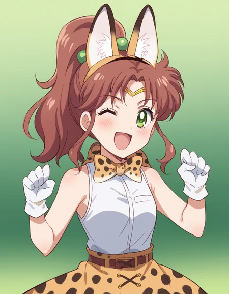 score_9, score_8_up, score_7_up, source_anime, <lora:makoto-kino-eternal-movie1-ponyxl-lora-nochekaiser_r1:1>, makoto kino, brown hair, circlet, green eyes, hair bobbles, hair ornament, medium hair, ponytail, sidelocks, parted bangs,, <lora:serval-cosplay-ponyxl-lora-nochekaiser:1>, serval cosplay, serval (kemono friends) (cosplay), serval print, print bowtie, print bow, two-tone bowtie, orange bowtie, two-tone bow, print skirt, white bowtie, orange bow, animal ears, belt, cat ears, fake animal ears, gloves, leopard print, yellow skirt, white shirt, sleeveless, sleeveless shirt,, savannah, open mouth, blush, smile, one eye closed,, cowboy shot, looking at viewer,