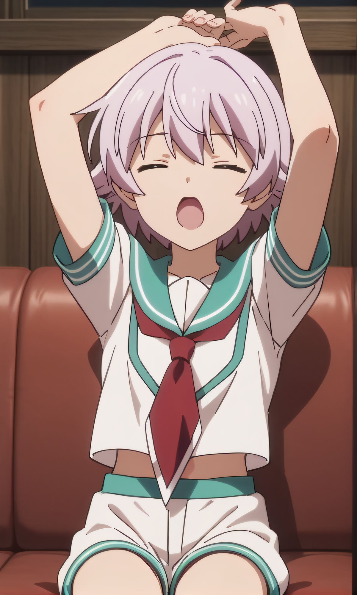 score_9, score_8_up, score_7_up, source_anime, rating_safe, intricate details, anime screencap, official style, anime coloring, 1girl, solo, <lora:Tama:1>, tama, short hair, closed eyes, serafuku, navel, short sleeves, white shorts, arms up, open mouth, yawning, five fingers, cowboy shot, sitting on couch