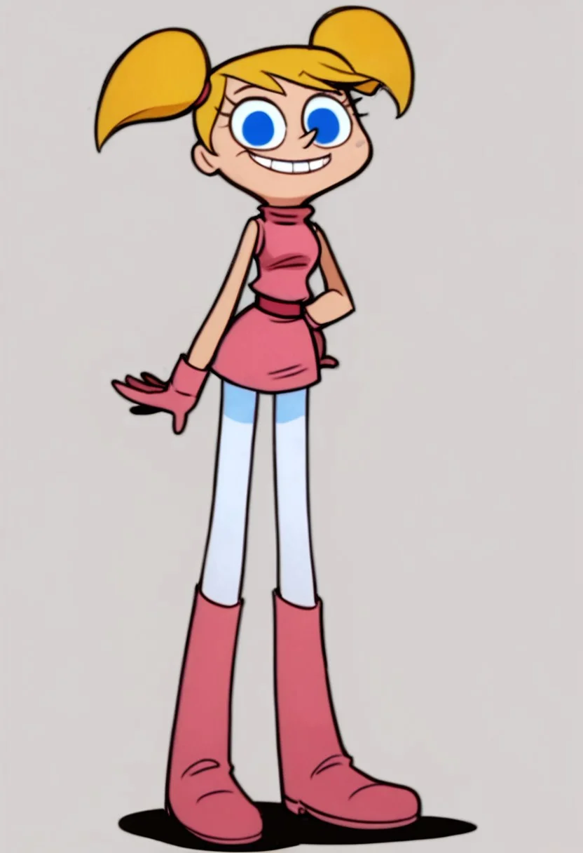 score_9, score_8_up, score_7_up BREAK DeeDeeDL, 1girl, blonde hair, pigtails, blue eyes, smiling at viewer, full body, solo, solo focus, pink uniform, turtleneck, sleeveless, pink gloves, pink belt, white leggings, pink boots,