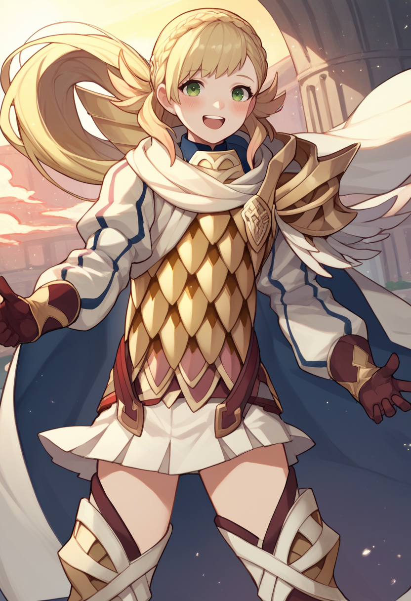 score_9, score_8_up, score_7_up, source_anime BREAK 1girl, solo, <lora:sharena-fe-richy-v1_pdxl:1> sharenadef, green eyes, blonde hair, long hair, ponytail, armor, cape, gloves, skirt, thighs, smile, open mouth, blush