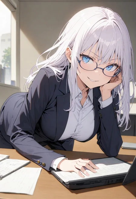 score_9, score_8_up, score_7_up, score_6_up, masterpiece, best quality, absurdres, perfect composition, solo, 1girl, medium breast, gojo satoru, blue eyes, white hair, long hair, business suit, glasses, laptop on desk, office background, smirk, standing, looking at viewer,