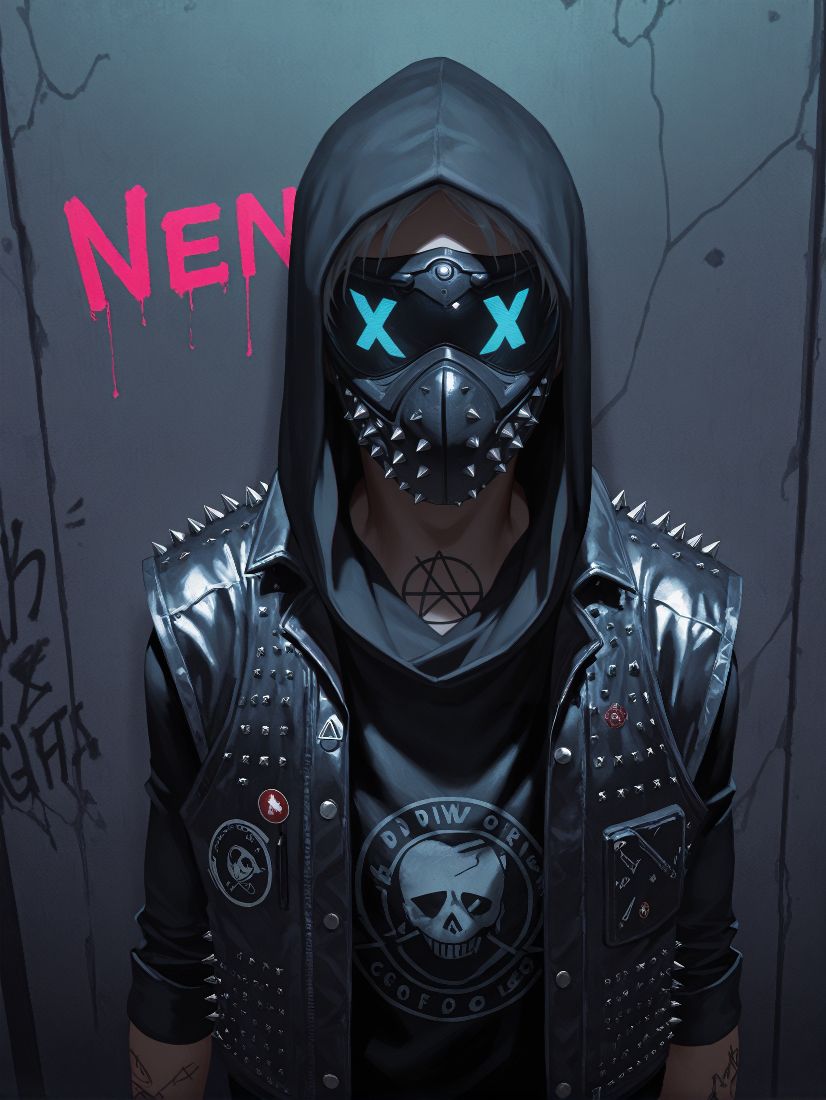 masterpiece, best quality, amazing quality, very aesthetic, absurdres, newest,
<lora:ILWDWren:1.0>
WDWren, solo, 1boy, faceless, mask, hood up, vest, looking at viewer, Under a neon-lit city sign, edgy streetwear ensemble, nighttime ambiance, leaning against a graffiti-covered wall with a cool and collected attitude