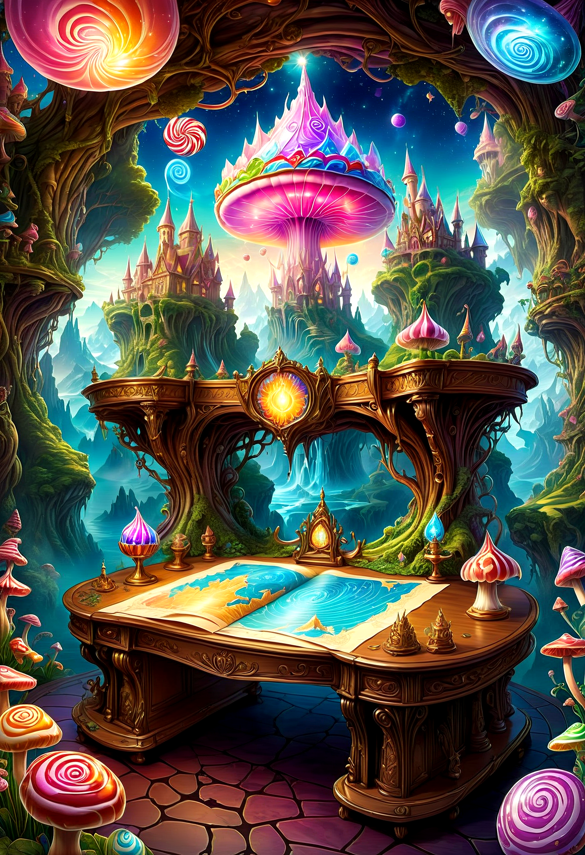 extremely vibrant fantasy map, leading to CANDYLAND, sitting on a Fairy Queen's desk, vibrant fantasy parchment, very detailed, amazing quality, intricate, cinematic light, highly detail, beautiful,   <lora:SDXLFaeTastic2400:1>