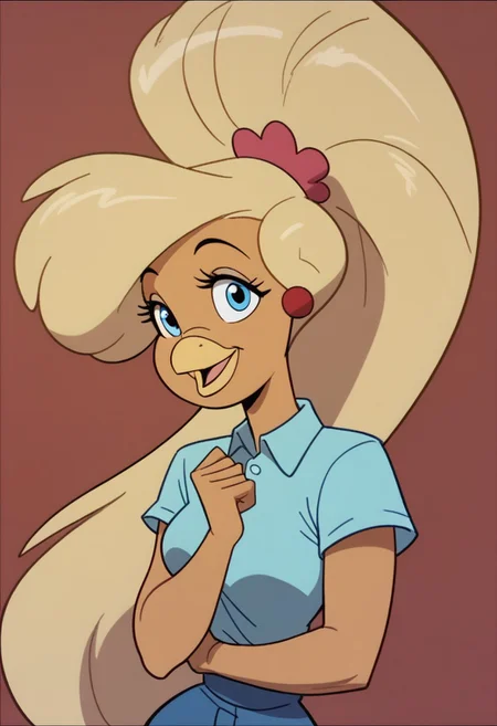 Goldie, big hair, beak, bird girl, solo, blonde hair,bird girl,blue eyes, long hair,beak,1girl, solo, red background, ponytail, furry female, furry, smile, long hair, blonde hair, high ponytail, open mouth, shirt, looking at viewer, parody, blue eyes
score_9, score_8_up, score_7_up, score_6_up <lora:GoldieRockaPony1.0:0.8>