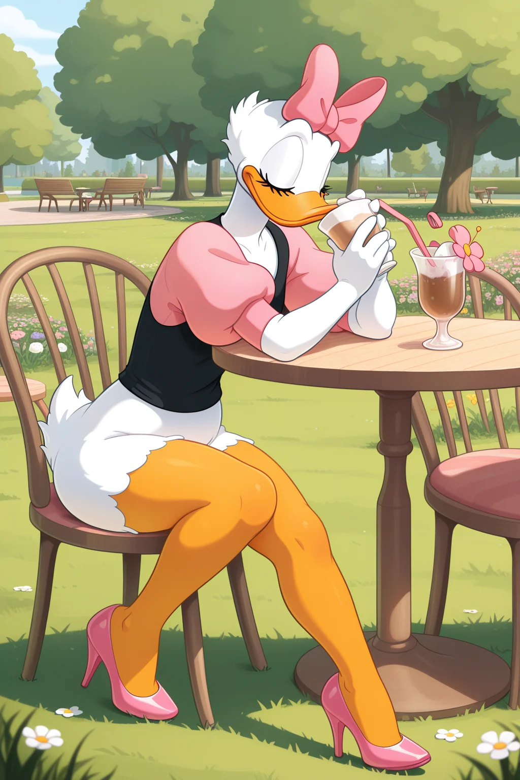 masterpiece, best quality, amazing quality, absurdres, daisyduck, solo, sitting, closed mouth, drinking, holding cup, relaxing, closed eyes, white plumage, white feathers, orange legs, pink ribbon, puffy sleeves, short pink sleeves, black shirt, pink stiletto heels, outdoors, cafe, park, grass, flowers