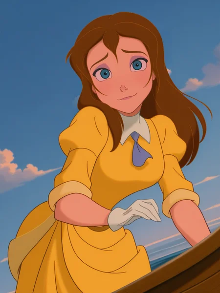 (anime screencap:1.2), background,
1girl, medium breasts, (JaneXL:1.1), long hair, brown hair, blue eyes, yellow dress, puffy sleeves, white gloves, skirt, makeup,
light smile, dutch angle, shy pose, shy, looking at viewer, blue sky, clouds, on boat, daylight, portrait, dynamic pose, cowboy shot, from side, one hand on hair, on hand down, leaning forward, 
 <lora:JanePorterXL_Character:1>