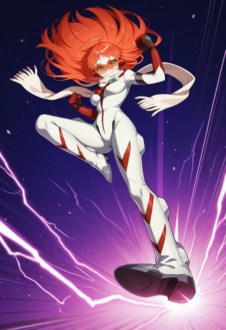 masterpiece,best quality,amazing quality, 1girl, gnb_nono, red hair, orange hair, long hair, floating hair, ahoge, cross-shaped pupils, tinted eyewear, lower lip, white scarf, white bodysuit, red gloves, narrow waist,
gnb_inzm, one fist raised, jumping, drop kick, lightning, speed lines, one knee up, full body,
