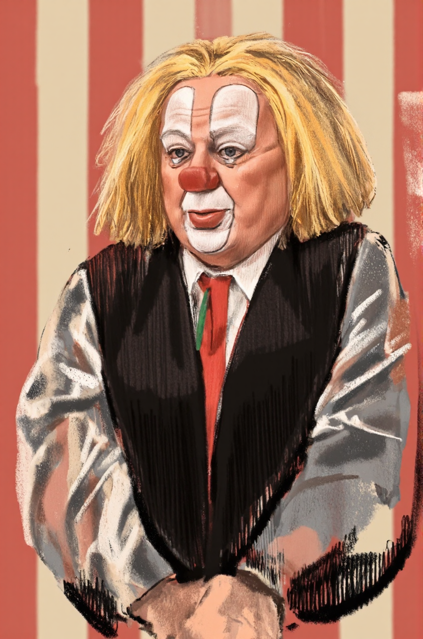 petraurban style digital art drawing of <lora:Bassie:1.3> Bassie de clown sitting in court <lora:petraurban style:0.8> , striped background, business suit,  from side,