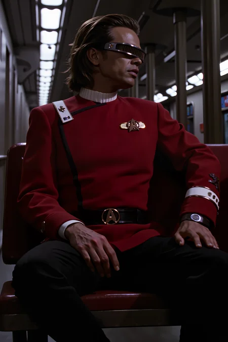 a man with longer hair wearing grdvsr visor and dressed in a red TWOK uniform with white collar and white strap black pants is sitting on a bench in an empty subway. , detailed background Fantastic lighting. Detailed shadows.intricate details, vivid colors, hyper-detailed, ultra-sharp, , <lora:aesthetical-000003:0.15><lora:aidmaNSFWunlock-FLUX-PonyStyle-v0.1:0.15><lora:Flux-jijia:0.1><lora:GLSHS:0.6> <lora:GRD_VISOR_FLUX><lora:TWOK_FLUX>