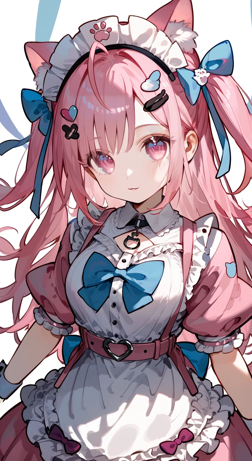 score_9, score_8_up, score_7_up, 1girl, solo, looking at viewer, <lora:yuuki_sakuna_pony:0.92>, yuuki sakuna, animal ears, pink hair, cat ears, maid headdress, long hair, hair ornament, bow, animal ear fluff, ahoge, bangs, two side up, cat hair ornament, hair bow, hairclip, blue bow, pink eyes, apron, short sleeves, dress, puffy short sleeves, frills, heart, puffy sleeves, white apron, maid, pink dress, wrist cuffs, portrait,