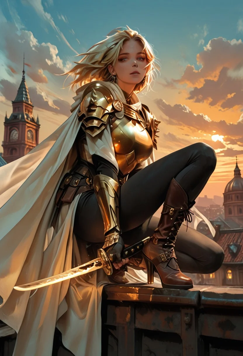 a radiant female warrior crouched atop a high stone rooftop, face and body facing forwards viewer,large breasts,clad in skintight ornate white and gold armor; her long platinum-blonde hair streams behind her, catching the last light of sunset;Her right foot is planted flat, with the left leg crouched tight beneath her. her right hand grips a glowing golden katana planted firmly upright into the ledge, while her left hand on her right knee; intricate golden filigree glimmers around her breastplate, shoulder guards, and shin-high plated boots with heels; a semi-translucent white silk cape ripples behind her in the wind; her gaze is sharp and steady, directed toward the glowing skyline; in the background the rooftops and towers of a sprawling steampunk-gothic city stretch outward—copper domes, spired cathedrals, gear-laced clocktowers silhouetted in fading golden light; clouds drift slowly across a warm blue-orange sky, their soft shapes casting long shadows; the city glows with ambient warmth, lit by lanterns and distant sunbeams; cinematic low-angle shot, close-medium framing with shallow depth of field; golden hour lighting, high realism, ultra-detailed metal textures, glinting reflections on polished surfaces, fine hair strands illuminated by sunlight, soft fabric translucency, wind-swept motion captured in cape and hair; atmospheric haze in the background; strong subject focus, immersive fantasy realism,Warm golds, silvers, ivory, and soft sunset blues dominate the palette