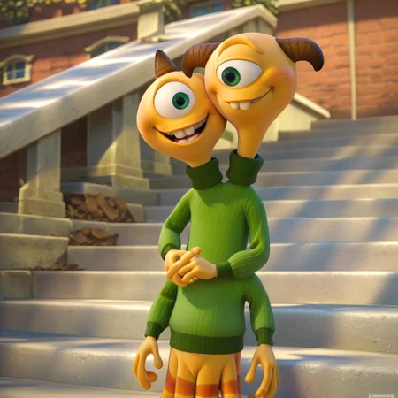 score_9, score_8_up, score_7_up, territerry, male, solo, alien, two-headed alien, yellow skin, green eyes, 4 arms, striped tentacles, 3 horns, buck teeth, green sweatshirt, standing, smile, outdoors, university, stairs