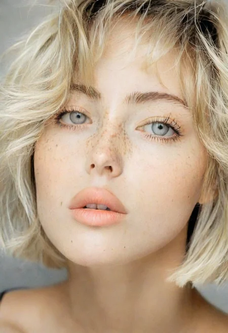cinematic still bellissima, 1girl, solo, looking at viewer, short hair, bangs, blonde hair, simple background, parted lips, teeth, grey background, mole, lips, eyelashes, messy hair, portrait, mole under mouth, freckles, realistic, nose . emotional, harmonious, vignette, 4k epic detailed, shot on kodak, 35mm photo, sharp focus, high budget, cinemascope, moody, epic, gorgeous, film grain, grainy, (masterpiece), (best quality), (ultra-detailed),eautiful, intricate, elegant, color, highly contrasted, sharp focus, professional