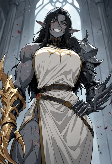 masterpiece, best quality, newest, absurdres, highres, MFMOV1.0, mature female,
1girl, scar, scar on face, scar across eye, scar on arm, scar on mouth, grey skin, colored skin, grey colored skin, tall, tall female, muscular, muscular female, smug, grin, angry, looking down, black hair, white robe, robe, armor, shoulder armor, clawed gauntlets, gauntlets, elf, pointy ears, dark elf, medmium breasts, long hair, grey eyes,