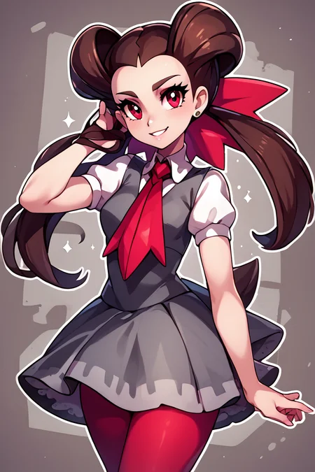 score_9, score_8_up, score_8, medium breasts, (curvy), cute, eyelashes,       BREAK, , ,,,   zzRoxanne, red eyes, long hair, brown hair, twintails, hair pulled back, pantyhose, ascot, grey dress, short sleeves, ribbon, shirt, hair ribbon, <lora:Roxanne_Pokemon_PDXL:1.0>, ,,, , BREAK, smile, looking at viewer, ,,, abstract background, white outline, cowboy shot, ,,, embedding:zPDXL, Expressiveh, ,,, <lora:CatalystStylePDXL:0.6>, <lora:SDXLFaeTastic2400:0.5>, <lora:Expressive_H-000001:0.4>,