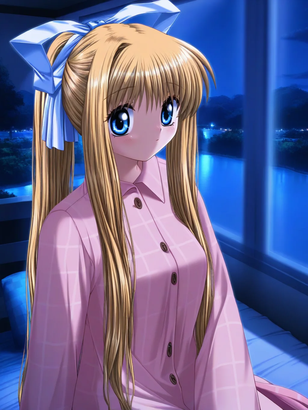 masterpiece,best quality,amazing quality,very aesthetic,absurdres,newest,scenery,<lora:kamio misuzu_air_ilxl_v1-000010:1>,1girl,kamio misuzu,solo,long hair,blonde hair,sitting,on bed,night,ponytail,sleeveless,blue eyes,ribbon,hair ribbon,plaid,white ribbon,sidelocks,pajamas,pink dress,buttons,looking at viewer,