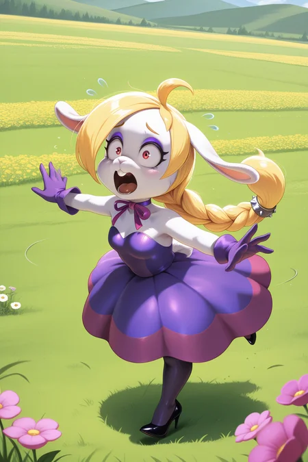 masterpiece, best quality, amazing quality, absurdres, mariohariet, blonde hair, single braid, white skin, furry female, rabbit girl, solo, open mouth, panicking, flailing, running, outstretched arms, purple dress, purple gloves, black stiletto heels, outdoors, field, grass, flowers, flying sweatdrops