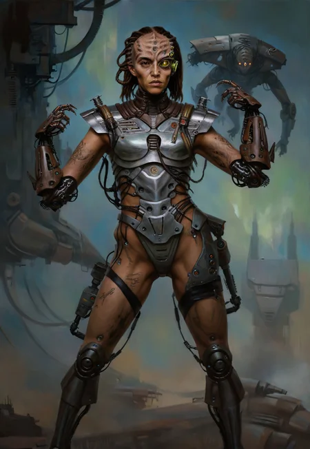 (full body w4rh4mm3r style oil painting) of a 18 year old cybernetic cyborg female kling0n alien, forehead ridges, brown skin, nose ridges, large eyebrows, leather armor, grimdark, dynamic, moody, shadows, highly detailed, cyberpunk, cyborg mechanical arms, military commander